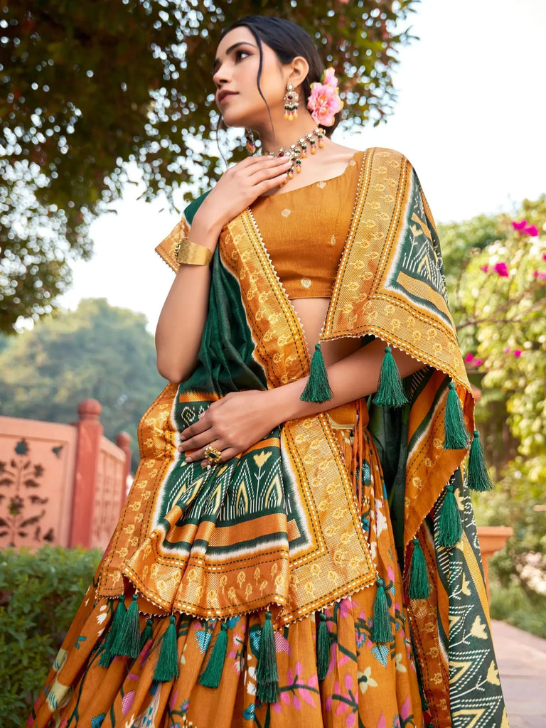 Magnetic Mustard Yellow Printed Silk Lehenga Choli With Dupatta