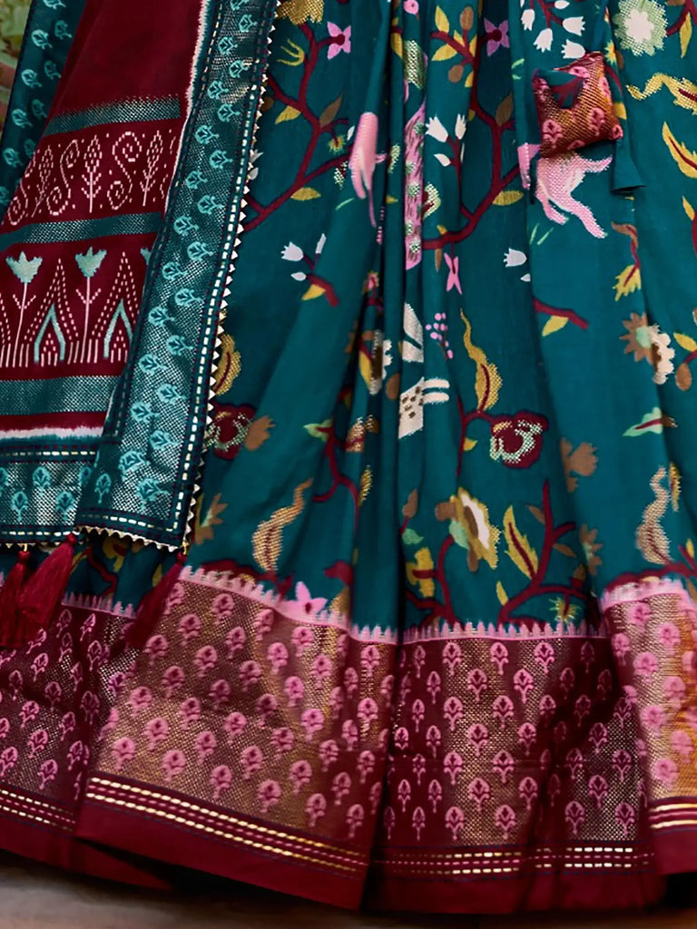 Attractive Teal Blue Printed Silk Navratri Wear Lehenga Choli With Dupatta