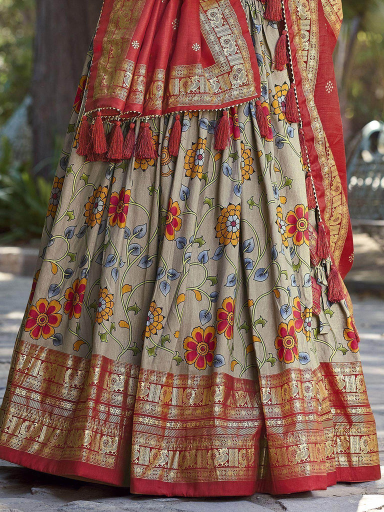 Tantalizing Grey Kalamkari Printed Silk Traditional Lehenga Choli
