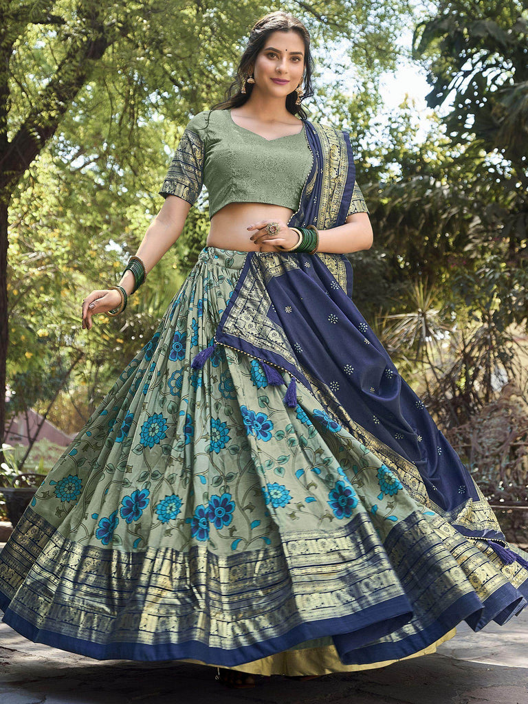 Adorable Sage Green Kalamkari Printed Silk Sangeet Wear Lehenga Choli