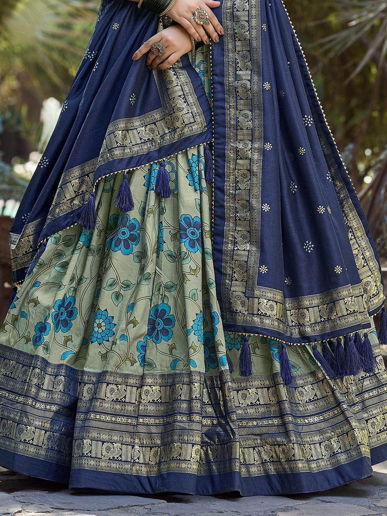 Adorable Sage Green Kalamkari Printed Silk Sangeet Wear Lehenga Choli