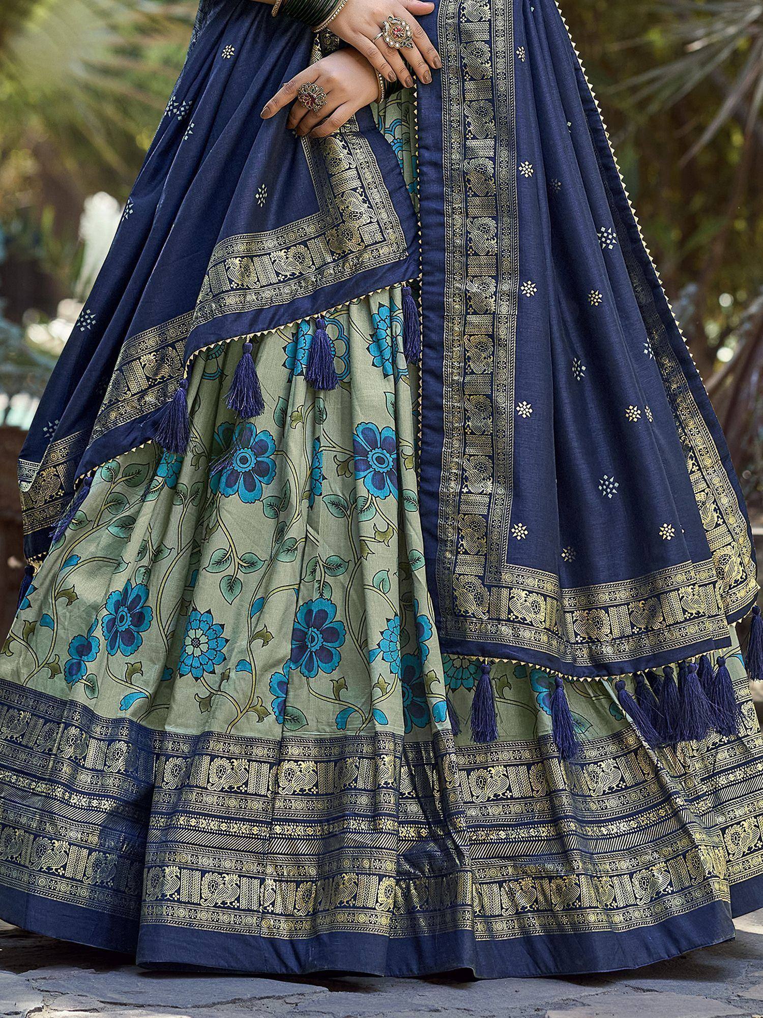 Navy blue and olive green floral lehenga choli with gold embroidery and tassels, perfect for Indian ethnic wear.