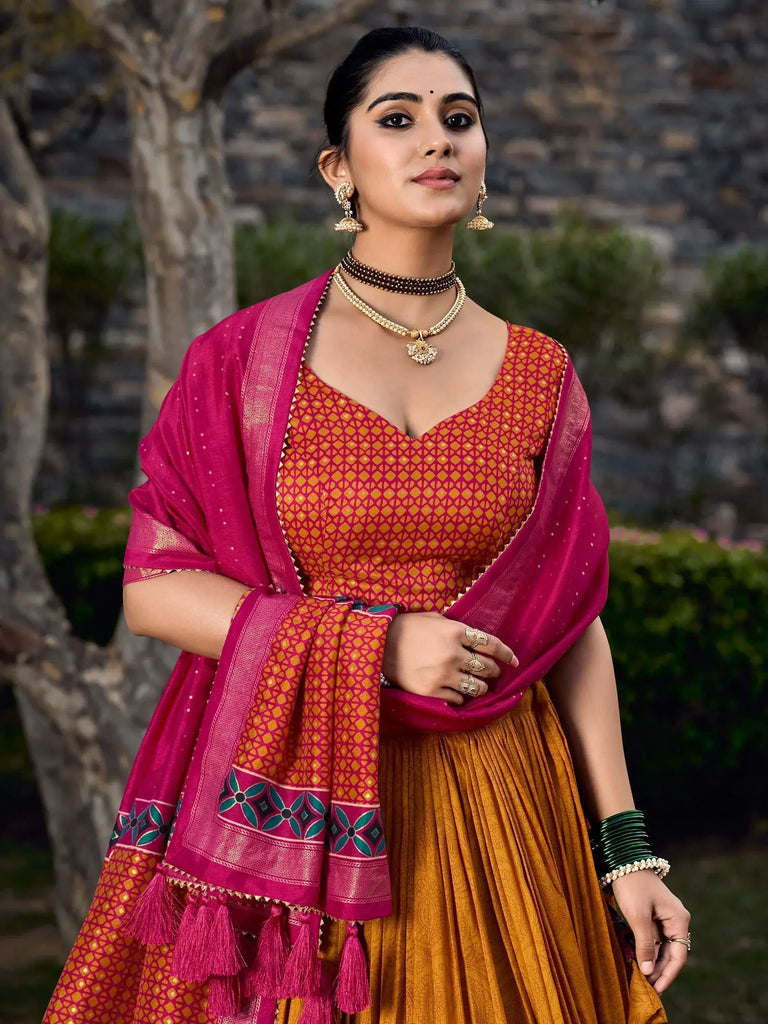 Fascinating Mustard Yellow Digital Printed Tussar Silk Lehenga Choli
