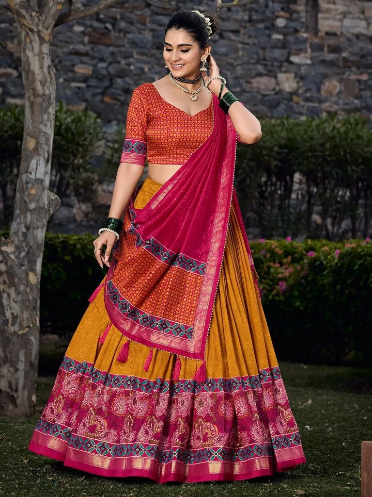Fascinating Mustard Yellow Digital Printed Tussar Silk Lehenga Choli