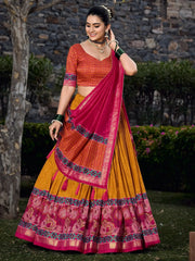 Fascinating Mustard Yellow Digital Printed Tussar Silk Lehenga Choli