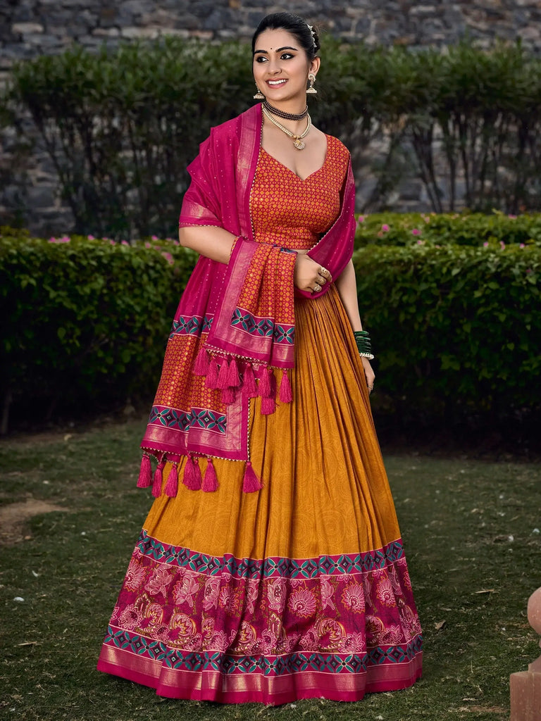 Fascinating Mustard Yellow Digital Printed Tussar Silk Lehenga Choli