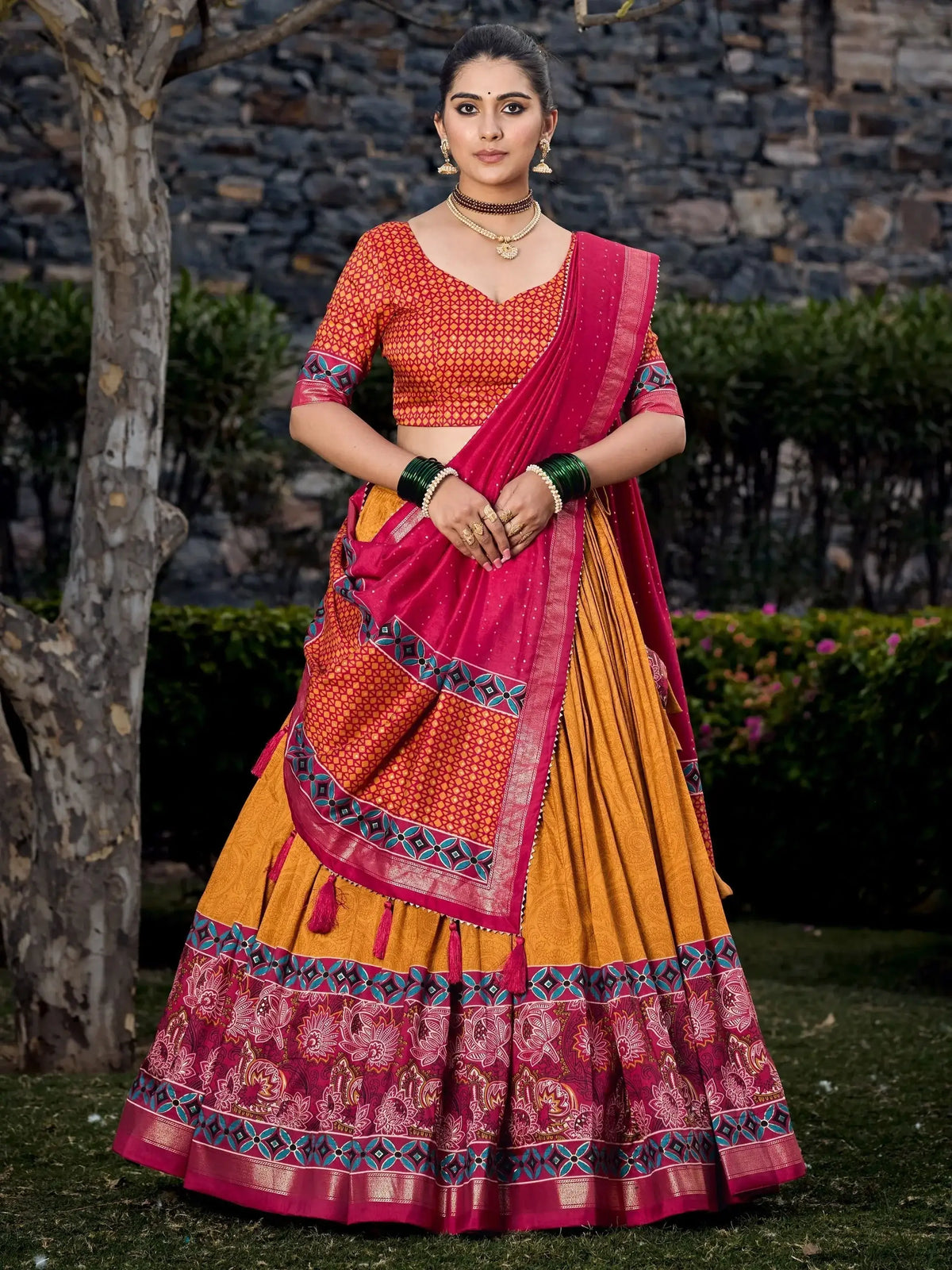 Fascinating Mustard Yellow Digital Printed Tussar Silk Lehenga Choli