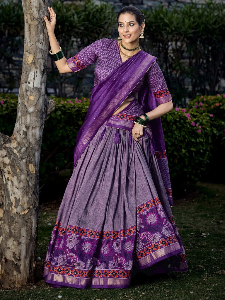 Alluring Purple Digital Printed Tussar Silk Festival Wear Lehenga Choli