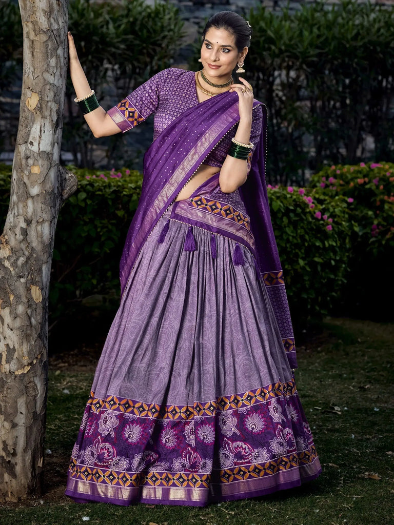 Alluring Purple Digital Printed Tussar Silk Festival Wear Lehenga Choli