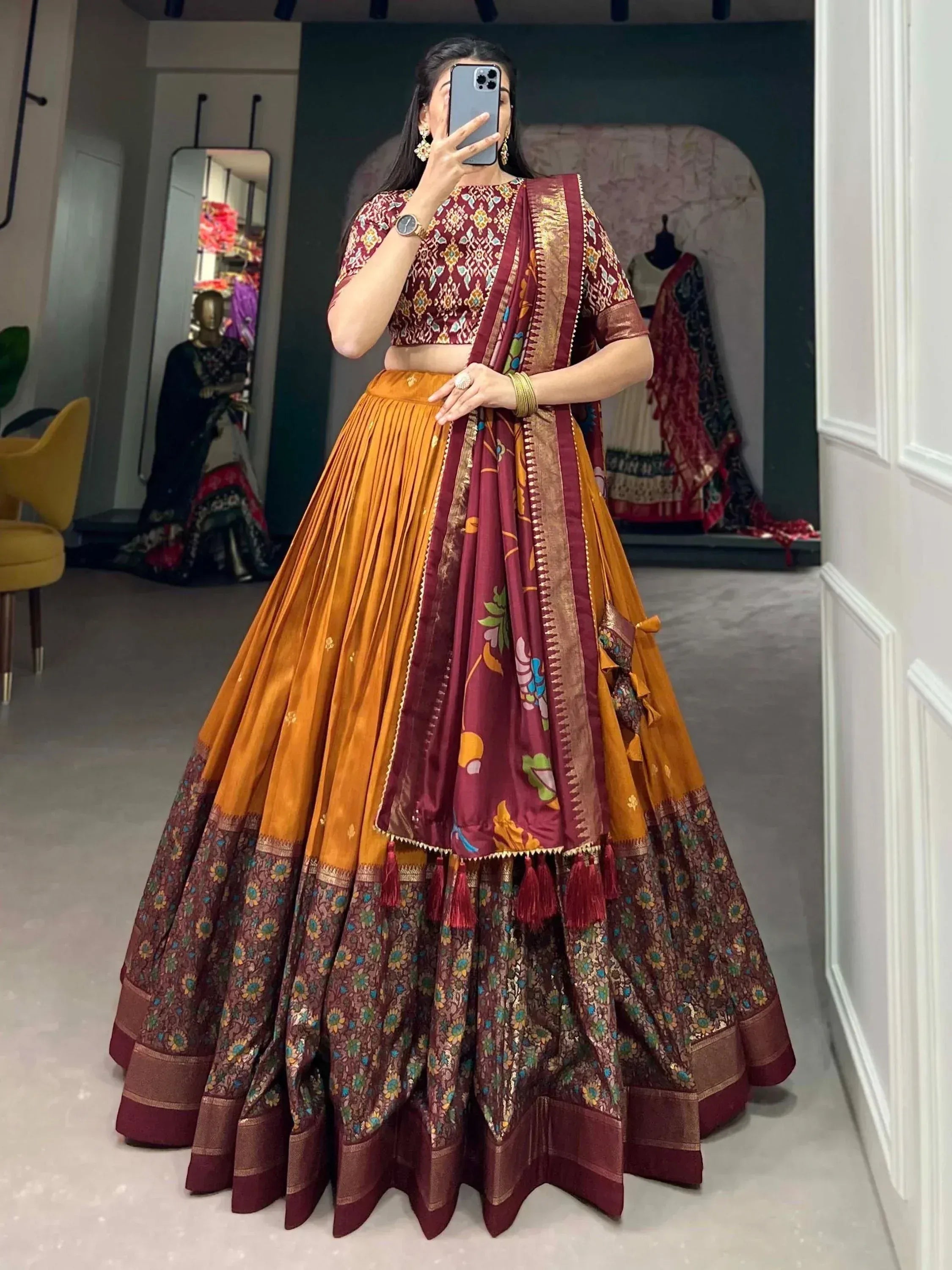 Maroon and mustard designer lehenga choli with floral dupatta, ethnic wear for women