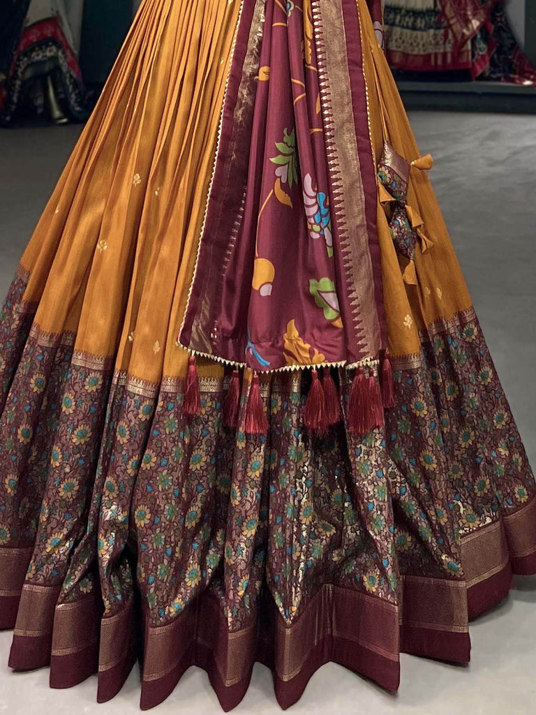 Awesome Mustard Yellow Foil Work Tussar Silk Traditional Lehenga Choli