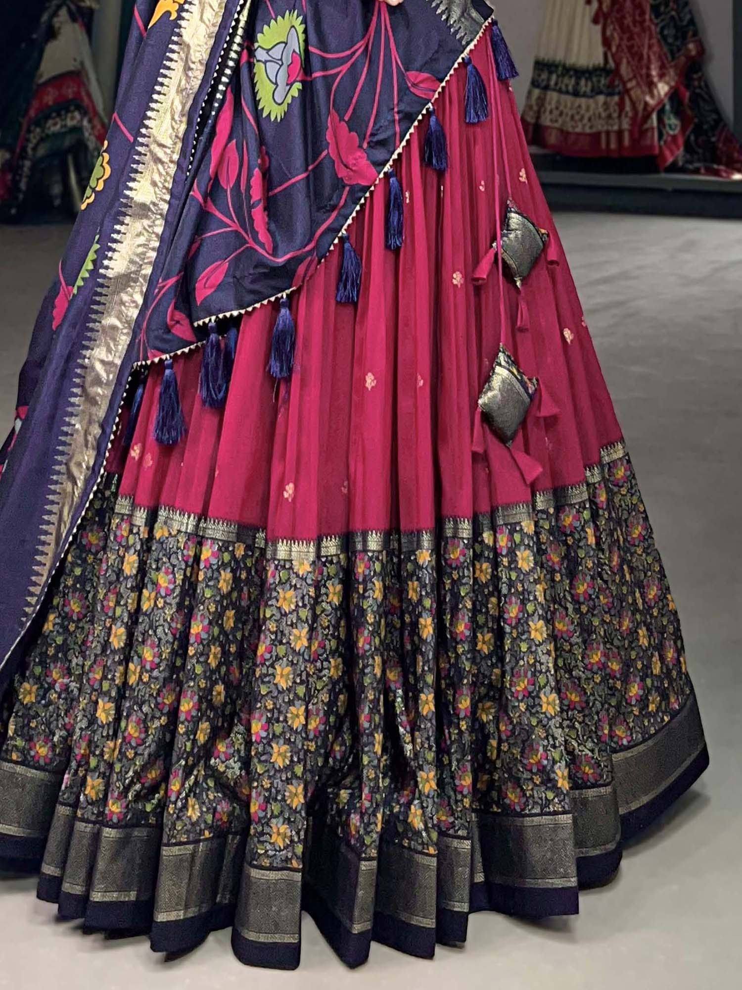 Red and navy floral lehenga choli with tassels and gold border, Indian ethnic wear