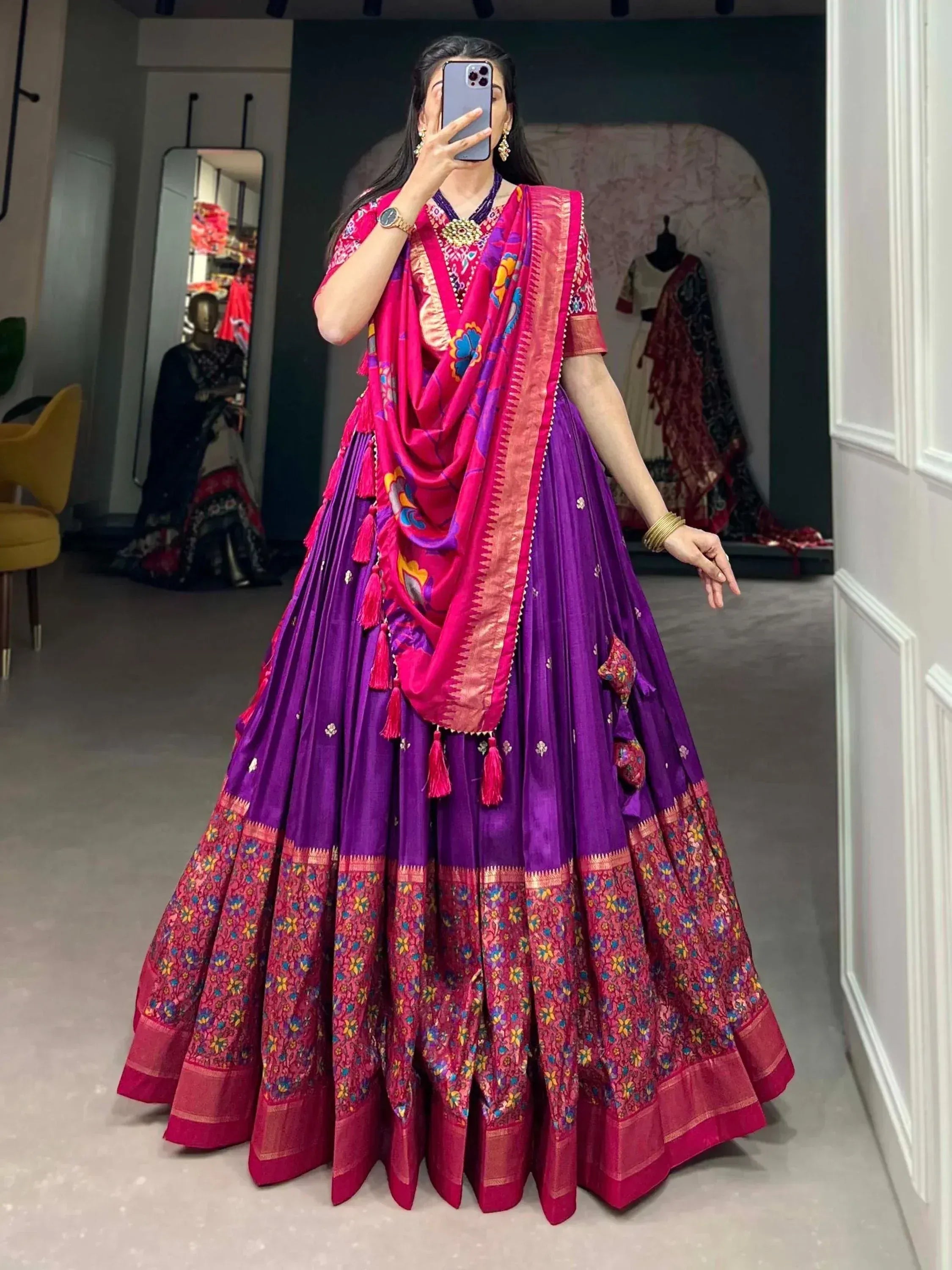 Purple and pink designer lehenga choli with floral dupatta, ethnic wear for women