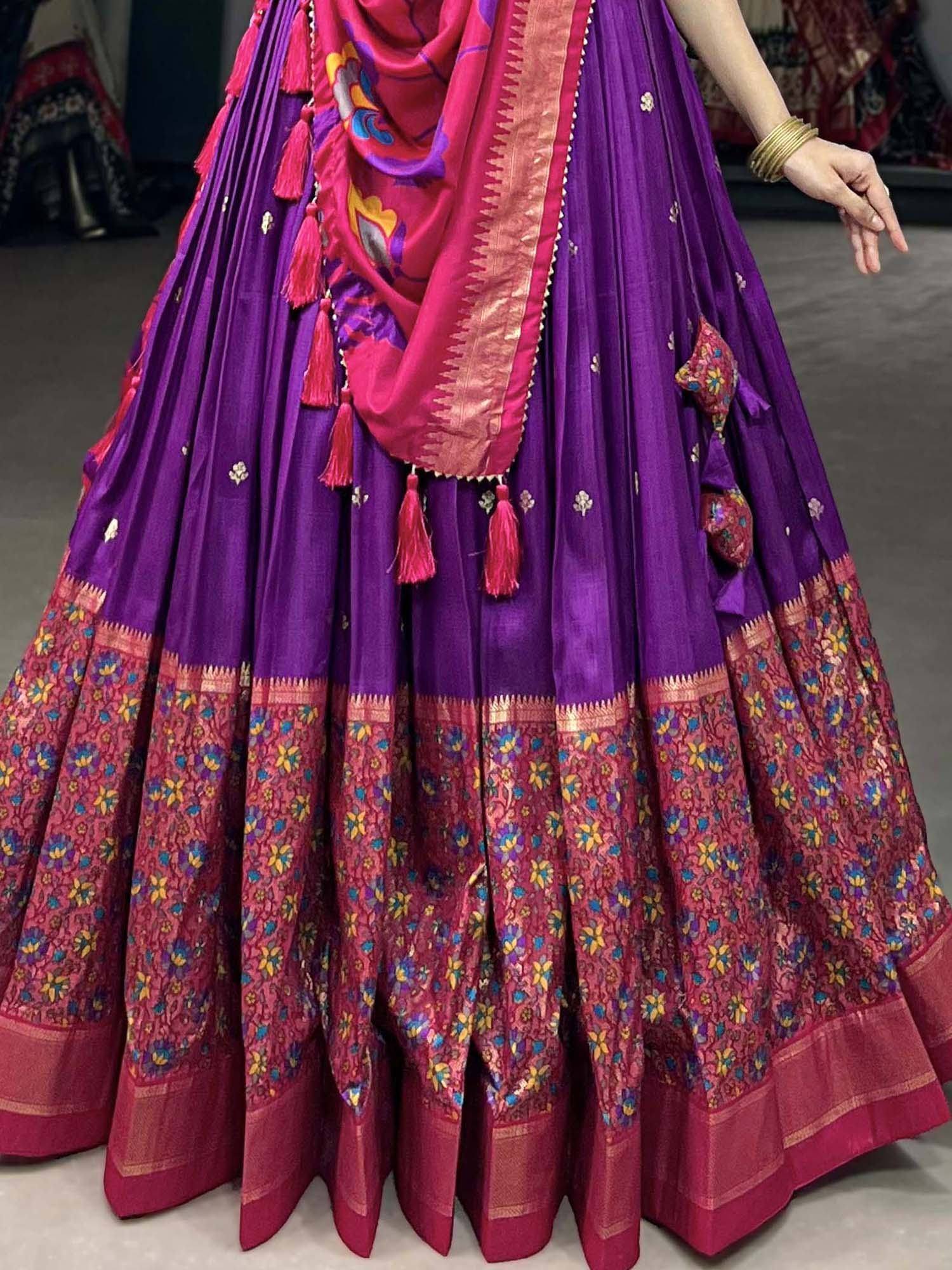 Purple and pink floral lehenga choli with tassels and embroidered dupatta, Indian ethnic wear