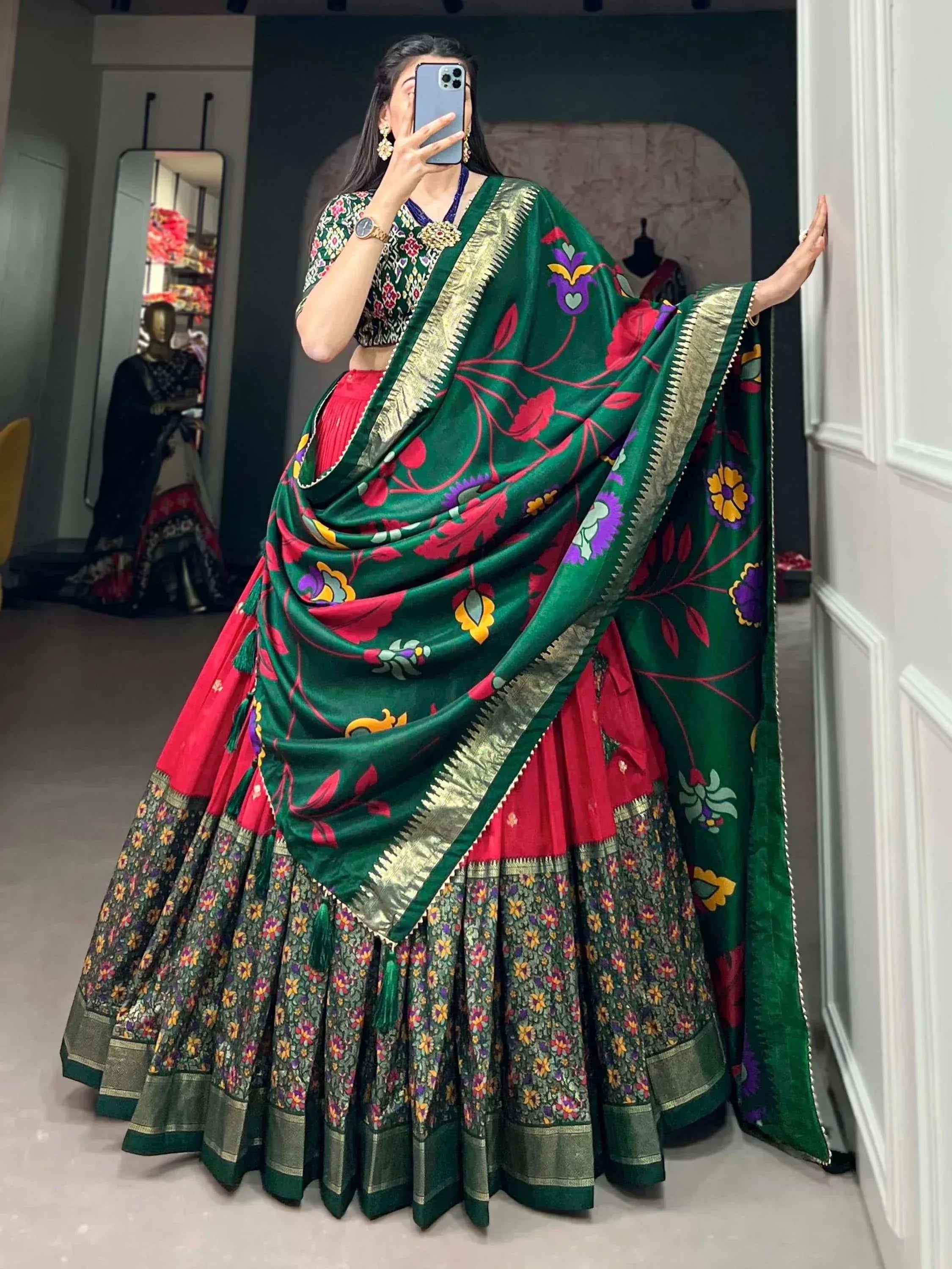 Green floral lehenga choli with gold border, Indian ethnic wear for women