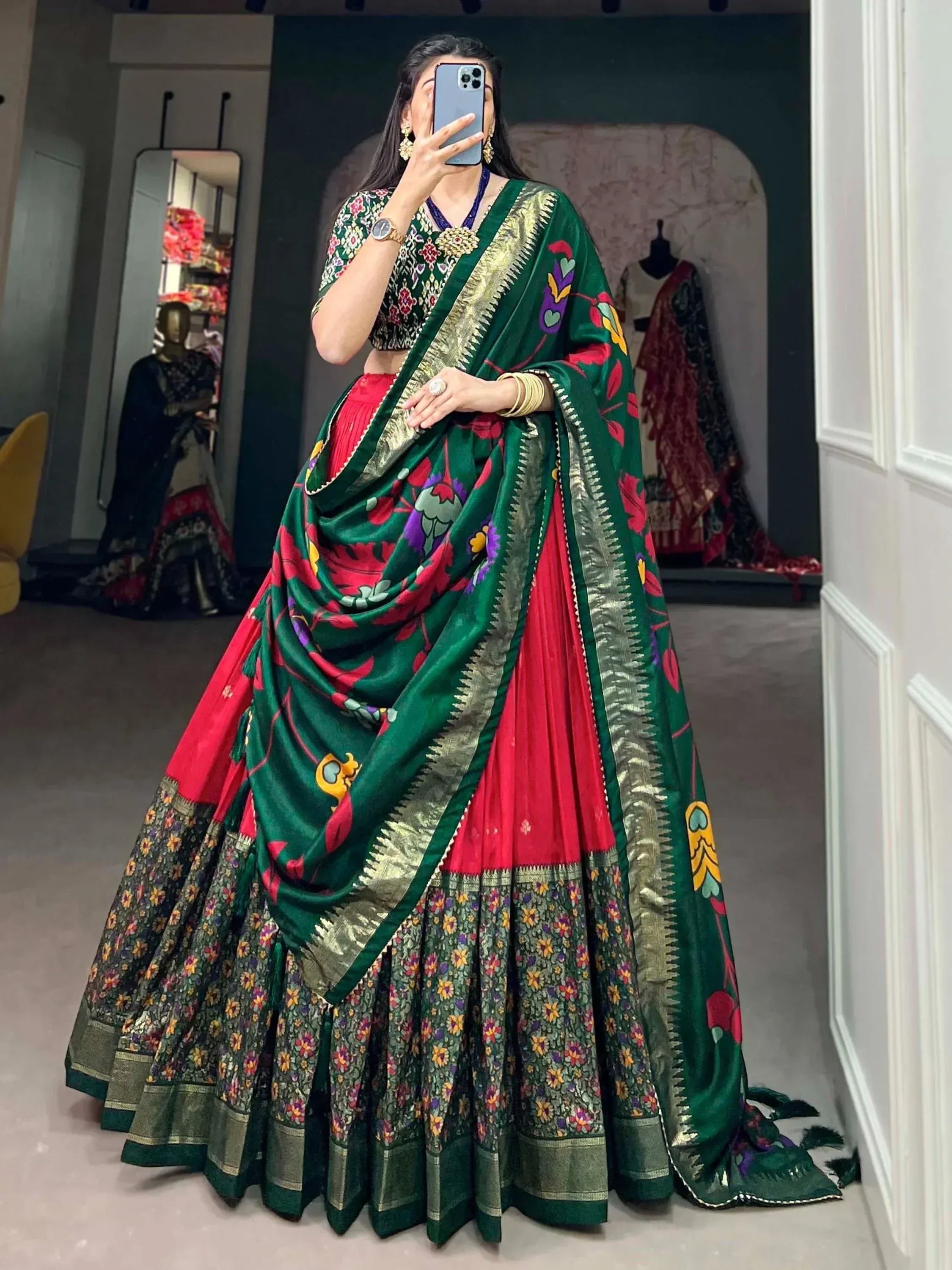 Green and red floral lehenga choli with gold border, Indian ethnic wear for women