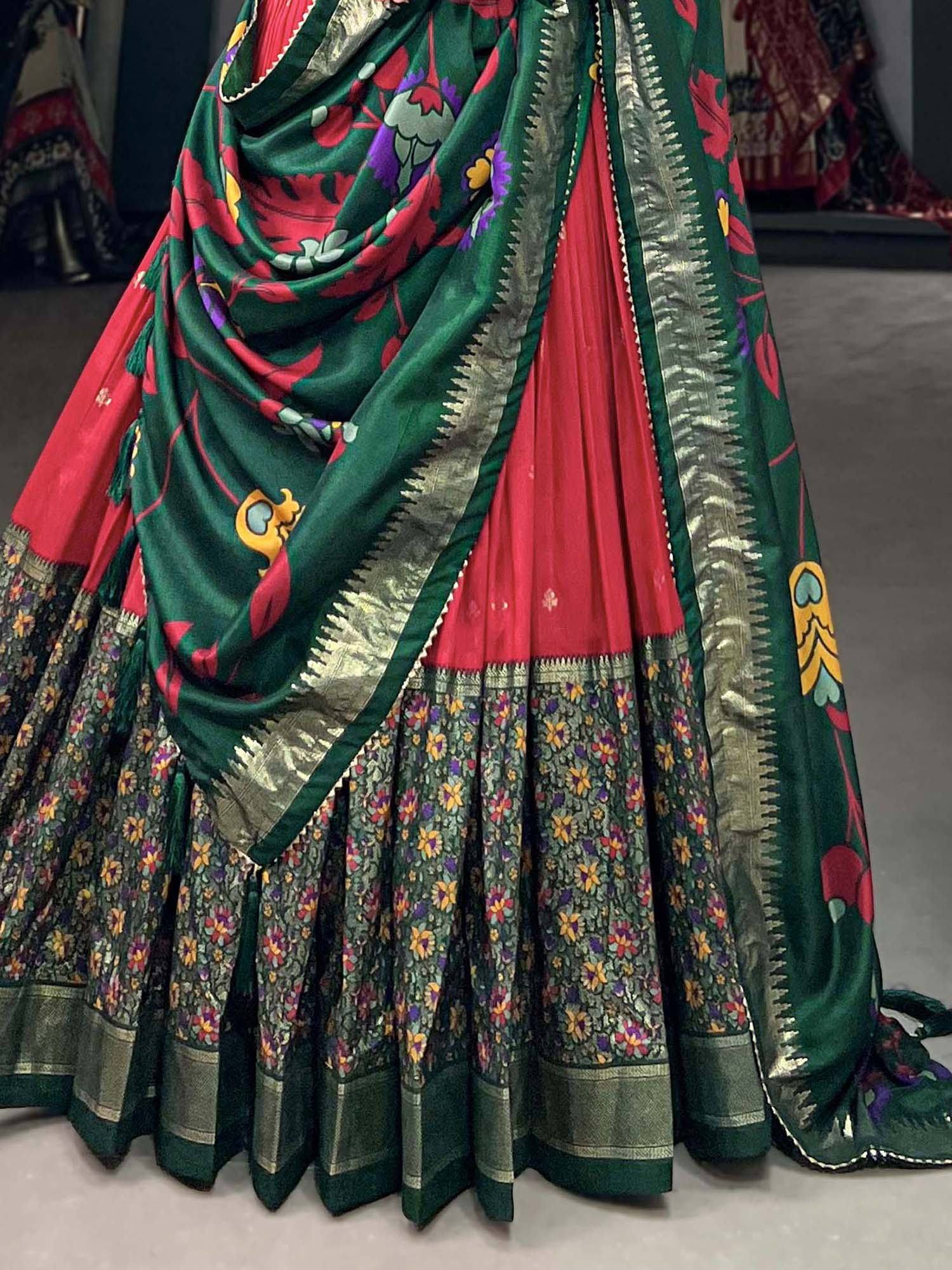 Green and red floral printed saree with gold border, ethnic Indian wear