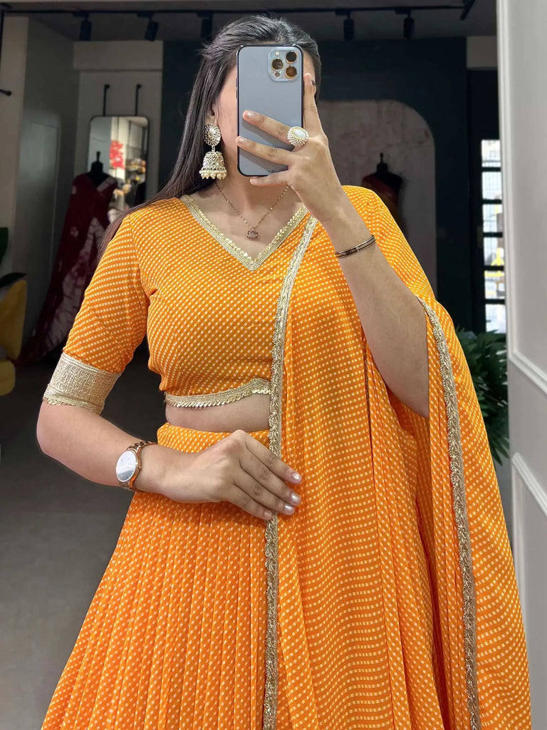 Stunning Yellow Digital Printed Georgette Haldi Wear Lehenga Choli