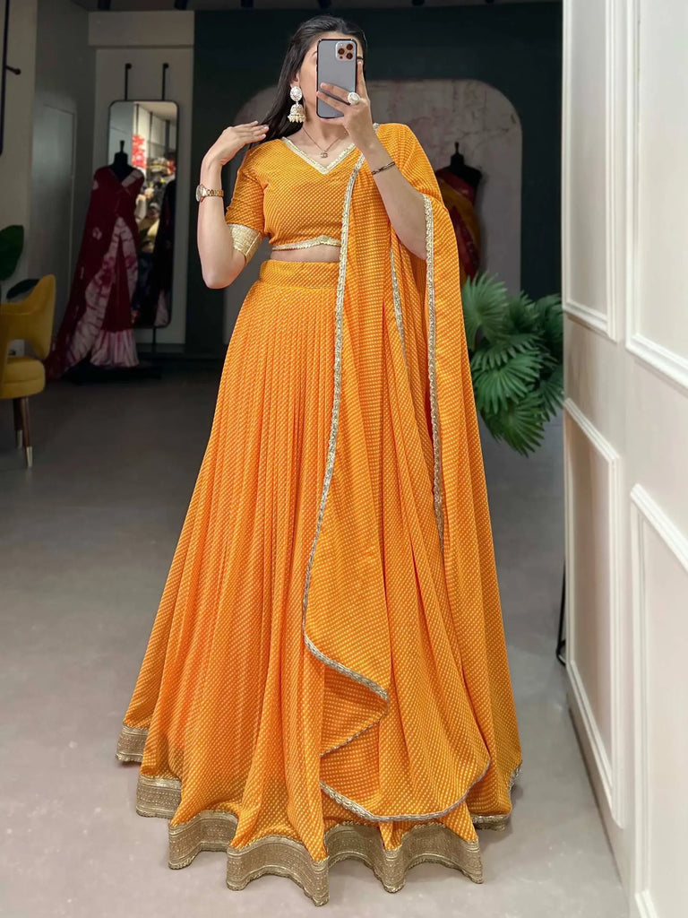 Stunning Yellow Digital Printed Georgette Haldi Wear Lehenga Choli