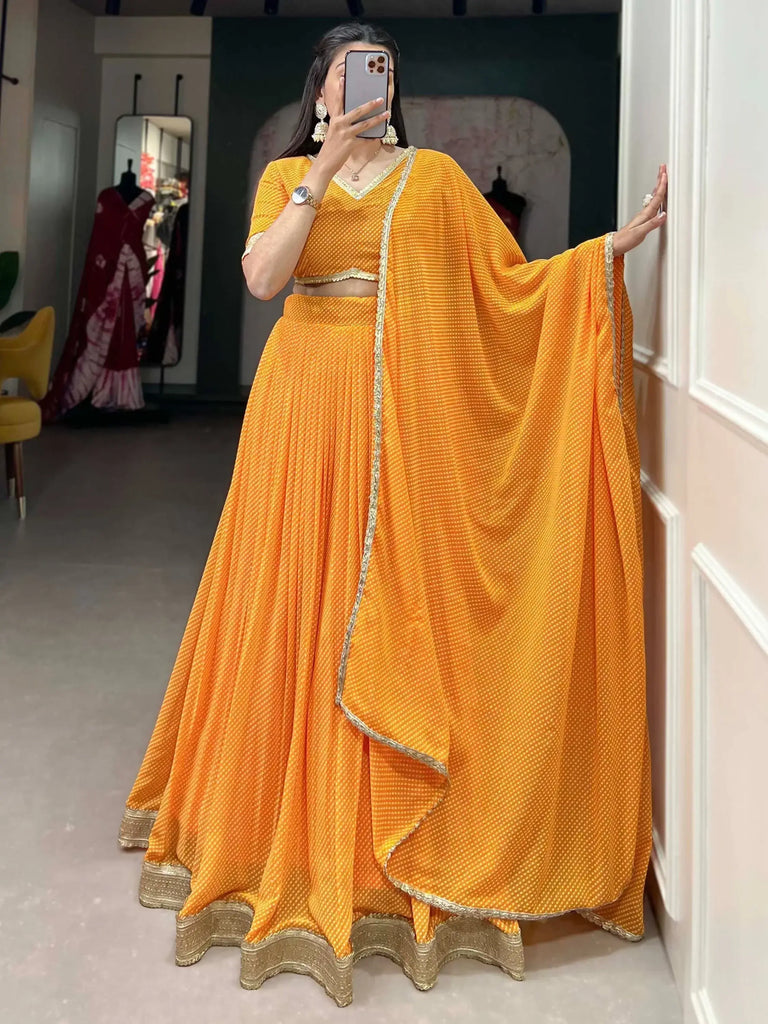 Stunning Yellow Digital Printed Georgette Haldi Wear Lehenga Choli