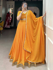 Stunning Yellow Digital Printed Georgette Haldi Wear Lehenga Choli