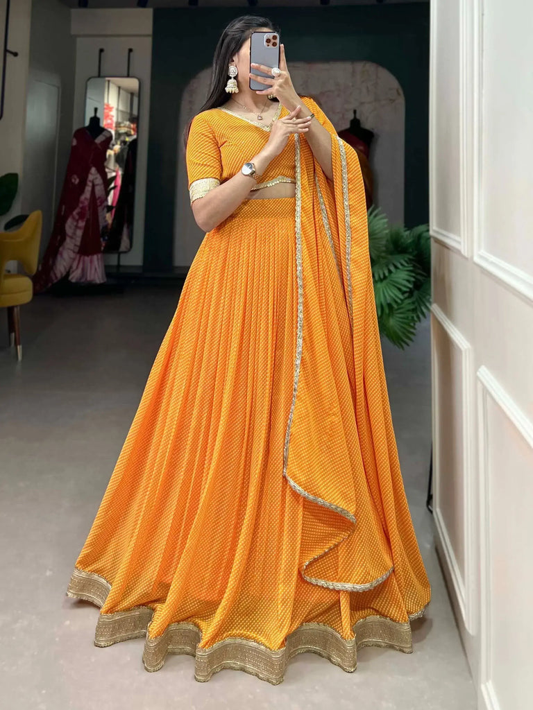 Stunning Yellow Digital Printed Georgette Haldi Wear Lehenga Choli