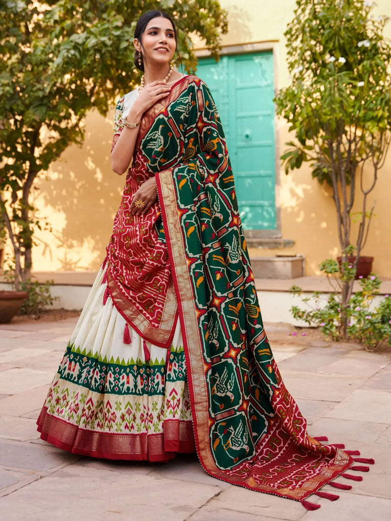 Stunning White & Green Patola Printed Silk Traditional Lehenga Choli