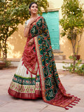 Stunning White & Green Patola Printed Silk Traditional Lehenga Choli