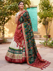 Stunning White & Green Patola Printed Silk Traditional Lehenga Choli
