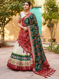 Stunning White & Green Patola Printed Silk Traditional Lehenga Choli