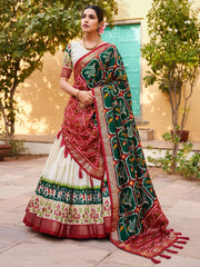 Stunning White & Green Patola Printed Silk Traditional Lehenga Choli