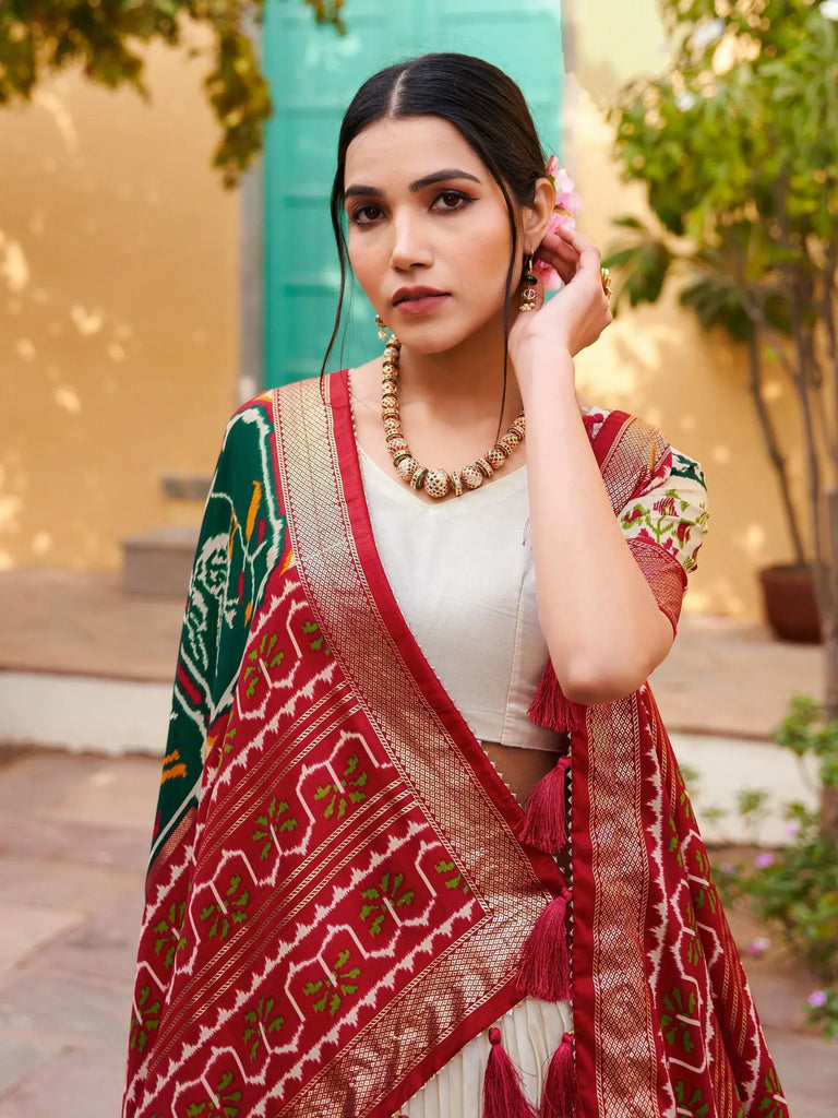 Stunning White & Green Patola Printed Silk Traditional Lehenga Choli