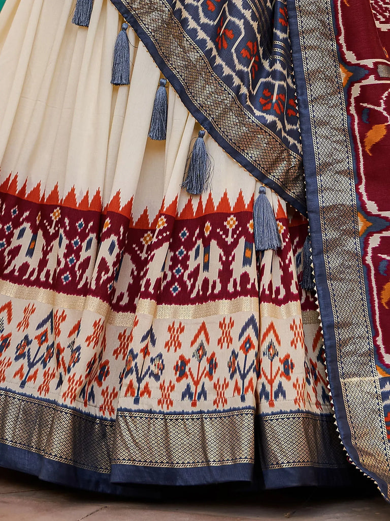 Magnetic White & Maroon Patola Printed Silk Navratri Wear Lehenga Choli