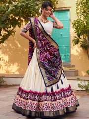 Adorable White & Purple Patola Printed Silk Function Wear Lehenga Choli