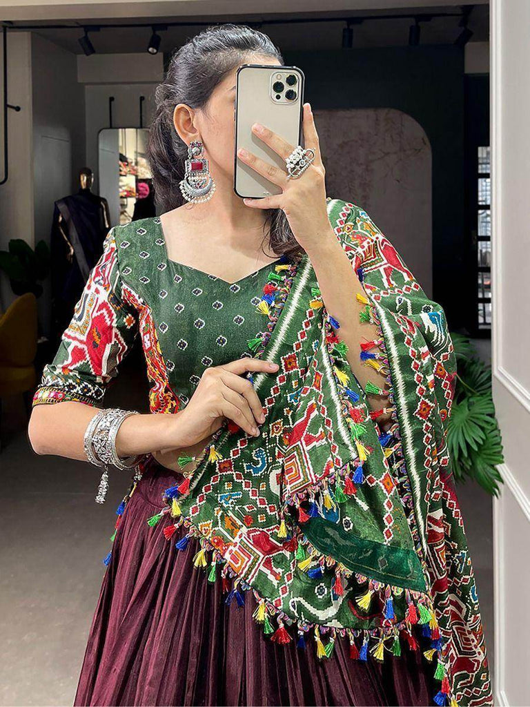 Rocking Brown Gamthi-Work Dola Silk Navratri Lehenga Choli