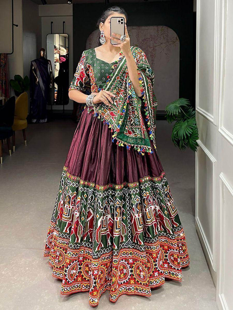 Rocking Brown Gamthi-Work Dola Silk Navratri Lehenga Choli