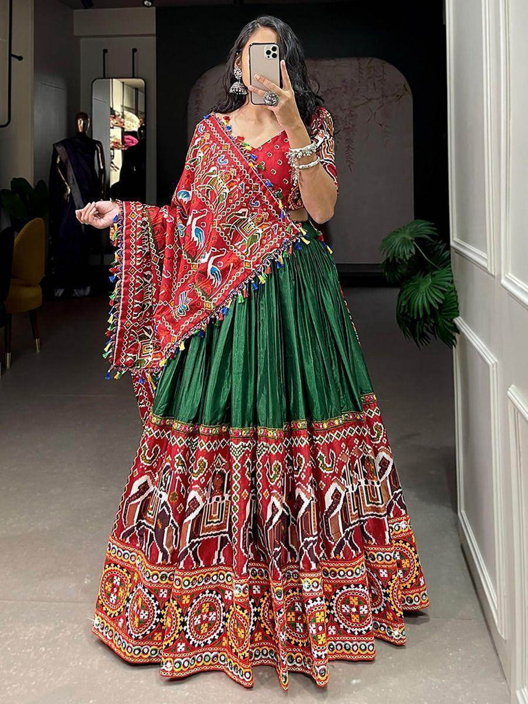 Stylish Green Gamthi-Work Dola Silk Navratri Lehenga Choli