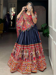 Elegance Navy Blue Gamthi Work Dola Silk Navratri Lehenga Choli