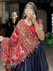 Elegance Navy Blue Gamthi Work Dola Silk Navratri Lehenga Choli