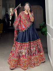 Elegance Navy Blue Gamthi Work Dola Silk Navratri Lehenga Choli