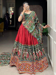 Vibrant Red Gamthi Work Dola Silk Navratri Lehenga Choli
