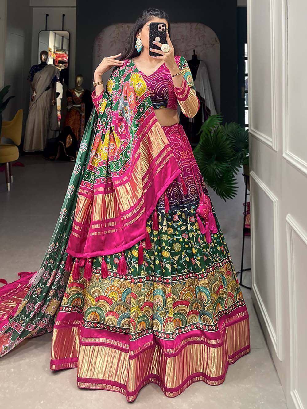 Vibrant Indian lehenga choli with floral and geometric prints, perfect for weddings and festivals