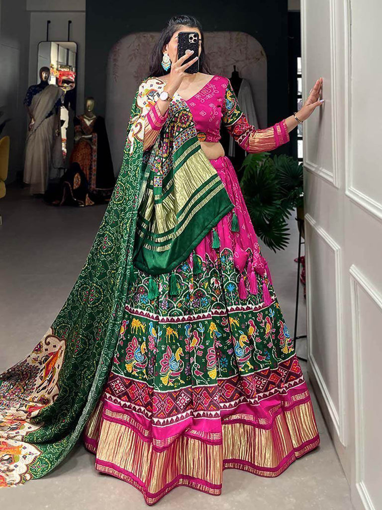 Lovely Green & Pink Digital Printed Gaji Silk Function Wear Lehenga Choli