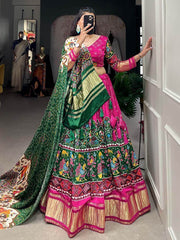 Lovely Green & Pink Digital Printed Gaji Silk Function Wear Lehenga Choli