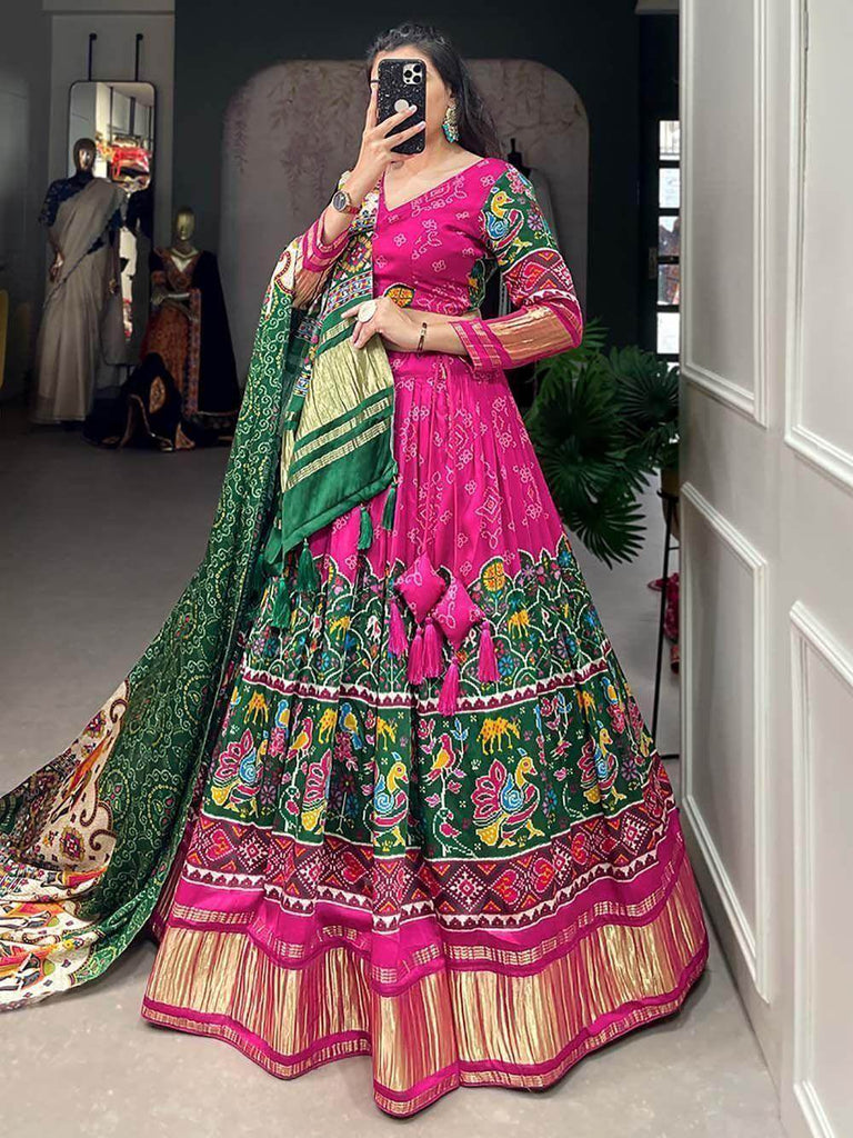 Lovely Green & Pink Digital Printed Gaji Silk Function Wear Lehenga Choli