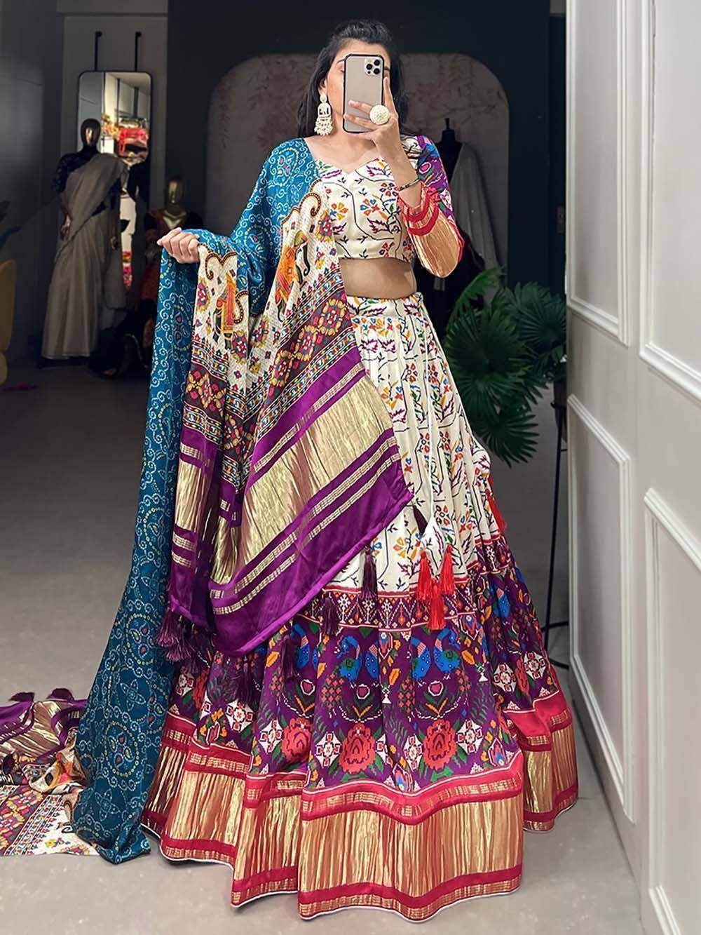 Colorful embroidered lehenga choli with dupatta, perfect for Indian ethnic occasions and festive wear.