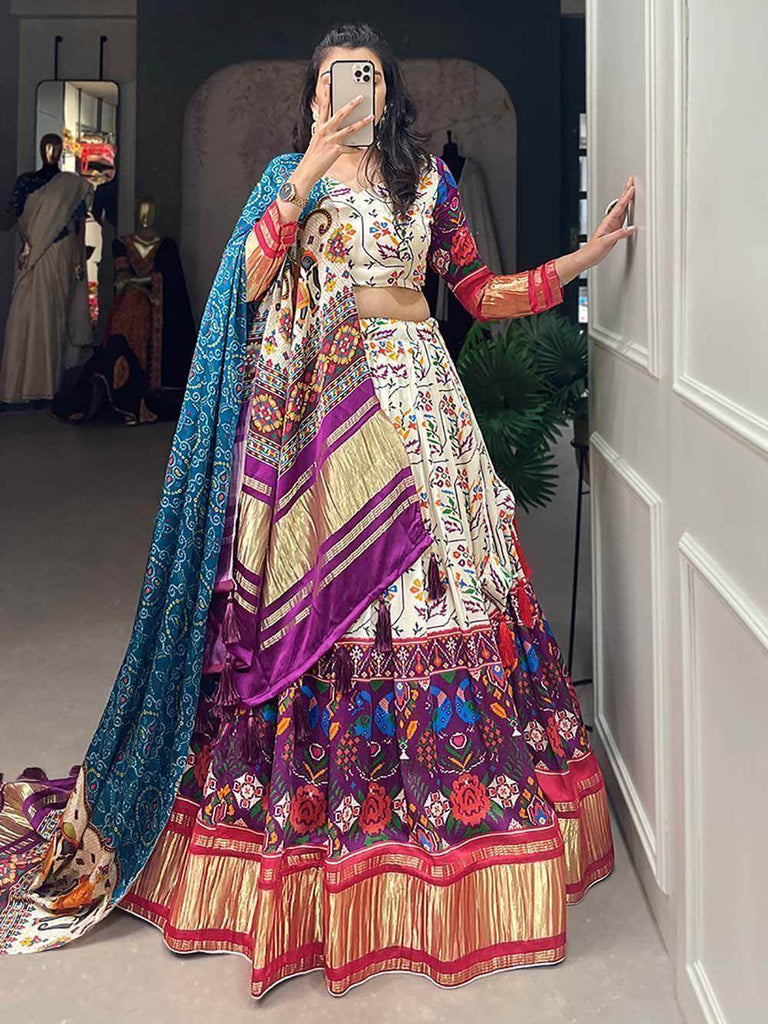 Beautiful White & Purple Digital Printed Gaji Silk Lehenga Choli
