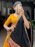 Swirling Mustard Yellow Gamthi Work Cotton Navratri Lehenga Choli