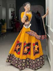 Swirling Mustard Yellow Gamthi Work Cotton Navratri Lehenga Choli