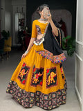 Swirling Mustard Yellow Gamthi Work Cotton Navratri Lehenga Choli